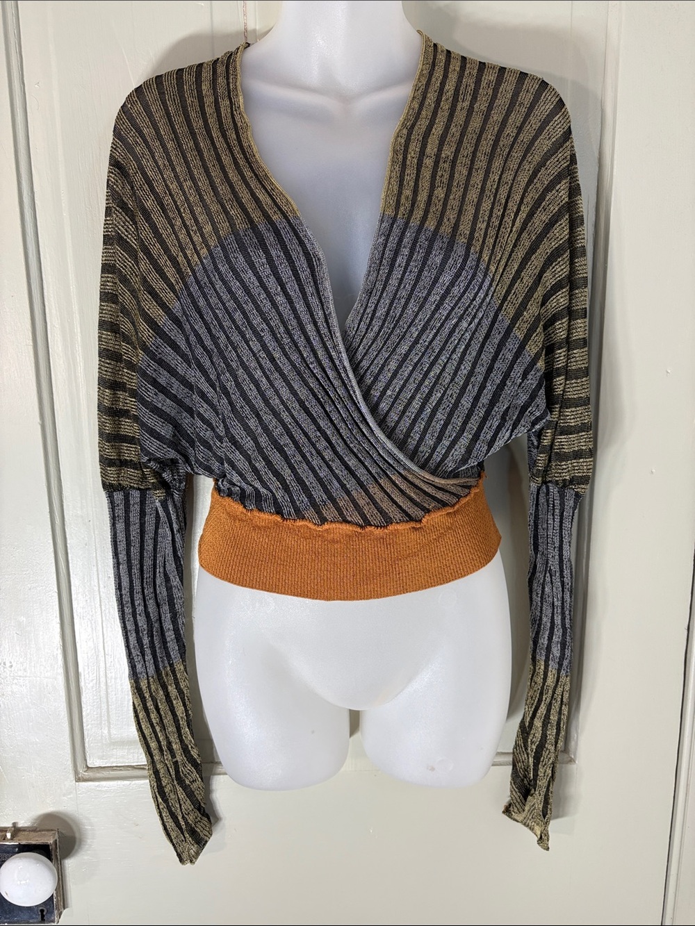 Striped Wrap-Front Crop Sweater in Gray and Rust